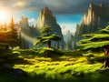 fantasy magic forest, large tall spreading branched tree, oak on a hill, among green meadows