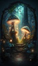 Fantasy magic forest with mushrooms. Fairytale scene. 3D illustration. Royalty Free Stock Photo