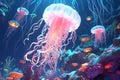 Fantasy magic Jellyfish swims in the ocean sea. Ai generated