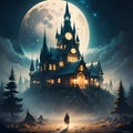 A fantasy magic of lost land in the night with full moon , 2d cute