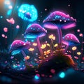 Fantasy magic mushrooms glowing in the dark night forest, vector illustration AI Generated Royalty Free Stock Photo