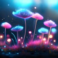 Fantasy magic mushrooms with glowing neon lights in dark forest. Vector illustration. Generative AI Royalty Free Stock Photo