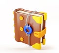 Fantasy magic spell book 3d render icon. Witch or wizard diary in leather cover with gold frame, metal wire. Witchcraft