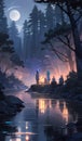 Fantasy magical fairytale landscape with forest river Royalty Free Stock Photo