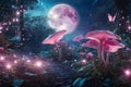 Fantasy Magical Mushrooms and Butterfly Fairytale blooming pink Rose Flower and shiny glowing moon rays in night Royalty Free Stock Photo