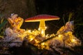 Fantasy Magical Mushrooms and elfs in enchanted Fairy Tale dreamy elf Forest with fabulous Fairytale moss and lights on