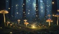 Fantasy magical mystery forest in the night, with mushrooms and fireflies. Whimsical and enchanting background.