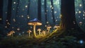 Fantasy magical mystery forest in the night, with mushrooms and fireflies. Whimsical and enchanting background.