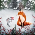 Fox and rabbit in snowy forest scenery Royalty Free Stock Photo