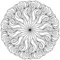 Fantasy mandala with curls and waves, meditative coloring page with ornate motifs