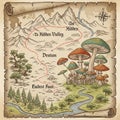 Fantasy map on aged parchment depicts a whimsical landscape. Features include Royalty Free Stock Photo
