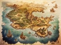 A fantasy map of a sea with islands, coastlines, and treasure.
