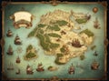 A fantasy map of a sea with islands, coastlines, and treasure.