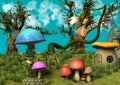 A fantasy meadow full of mushroom, trees and flowers. Royalty Free Stock Photo