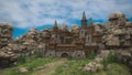 Fantasy medieval castle built of wood and stone in a rocky landscape. 3D rendering Royalty Free Stock Photo