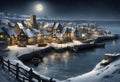 fantasy medieval seaside town in winter at night with ancient buildings covered in snow and a full moon with stars