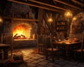 fantasy medieval tavern inn with bread food and drink on tables burning open fireplace. Royalty Free Stock Photo