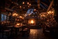 Fantasy medieval tavern inn interior with bread, food and drink on tables, burning open fireplace, candles Royalty Free Stock Photo