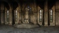 Fantasy medieval throne room with gothic arches and windows. 3D illustration