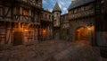 Fantasy medieval town courtyard with cobblestone street, lit by lanterns at dusk. 3D rendering