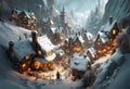 fantasy medieval town street in winter with ancient buildings covered in snow Royalty Free Stock Photo