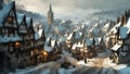 fantasy medieval town in winter with ancient buildings covered in snow and people walking along the street Royalty Free Stock Photo