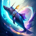 Fantasy mermaid with swordfish in the sea. 3d illustration AI generated