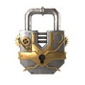 Fantasy metal padlock in steampunk style on isolated white background. 3d illustration