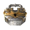 Fantasy metal padlock in steampunk style on isolated white background. 3d illustration