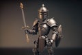 fantasy metal robot with sword and helmet walking knight