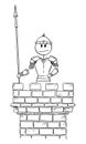 Soldier Guard Guarding on Castle Tower, Vector Cartoon Stick Figure Illustration