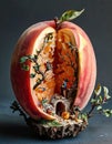 Fantasy miniature world inside a split peach Royalty Free Stock Photo