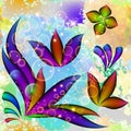 Fantasy modern floral seamless pattern. Watercolor background. Hand drawn 3d flowers, leaves. Doodle lines, stars. Glowing bubbles