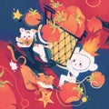 Fantasy monkey and cat running with bucket of tomato on sky concept illustration