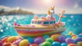 A fantasy motor boat with colorful navigation, floating on a rainbow sea under a sunny sky. with a unicorn