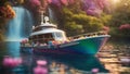 A fantasy motor yacht boat in a rainbow river, with flowers, bridges, Royalty Free Stock Photo