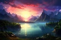 Fantasy mountain landscape with lake and sunset. Digital painting illustration, Beautiful lake landscape with green trees,