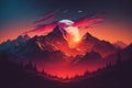 Fantasy mountain scene. Sunset over mountains, wallpaper. Illustration of a magical landscape.