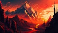 Fantasy mountain scene. Sunset over mountains, wallpaper. Illustration of a magical landscape