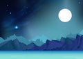 Fantasy mountains abstract background vector illustration with planet and galaxy space, stars scatter on milky way, landscape of