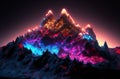 Fantasy mountains with bright colors and light effects on a dark background