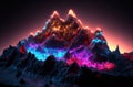 Fantasy mountains with bright colors and light effects on a dark background