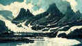 fantasy mountains illustration with a lot of snow and a lake, ai generated image