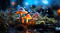 Fantasy mushroom and blue butterfly in fairy tale dreamy elf forest, fairytale nature. generative ai