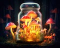 Fantasy mushrooms are in a glass jar.