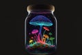 Fantasy mushrooms in the glass jar. Neon poisonous mushrooms. Generative AI Royalty Free Stock Photo