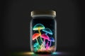 Fantasy mushrooms in the glass jar. Neon poisonous mushrooms. Generative AI Royalty Free Stock Photo