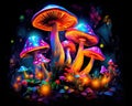 Fantasy mushrooms are glowing in color.