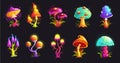 Fantasy mushrooms. Magic fungus, hallucinogenic neon fluorescent mushroom and alien forest fungi cartoon vector Royalty Free Stock Photo