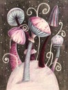 Fantasy mushrooms at starry night. Hand drawn illustration.